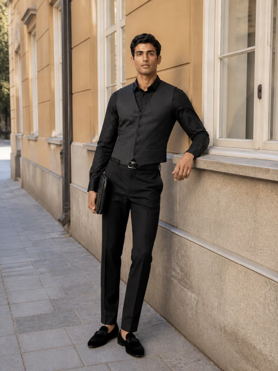 Dolce gabbana waistcoat charcoal trousers outfit