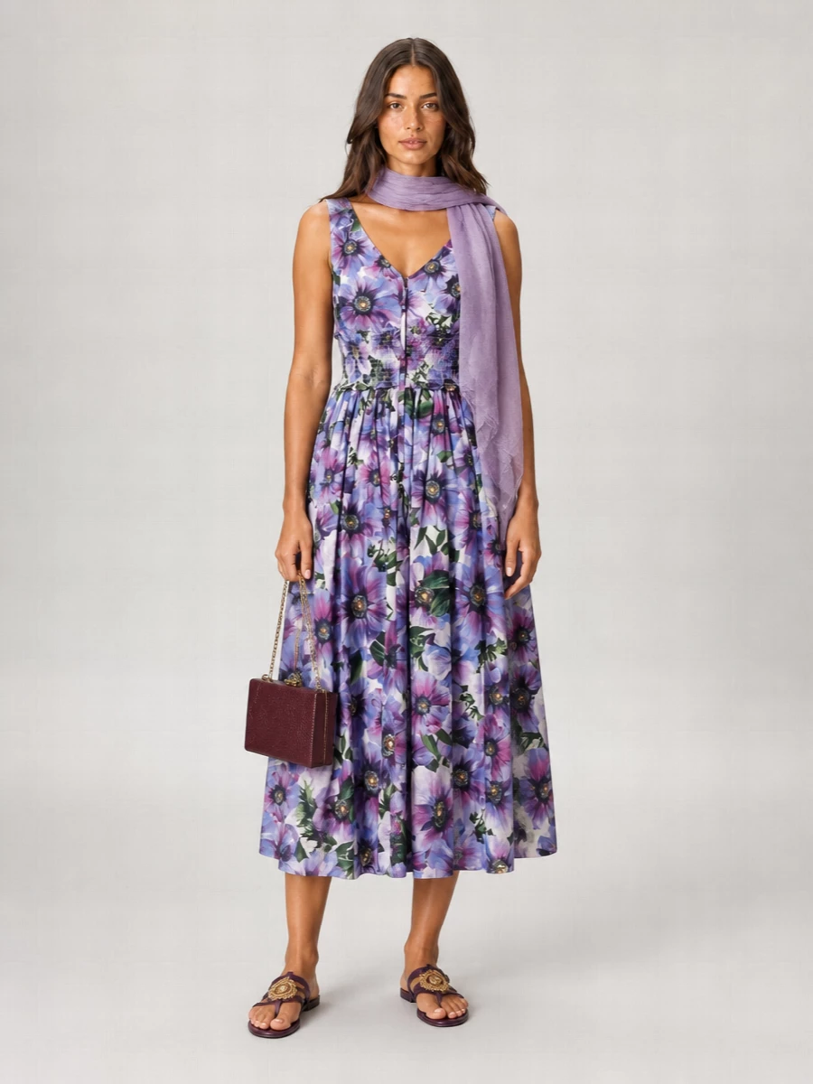 Dolce&Gabbana Anemone Print Pleated Midi Dress