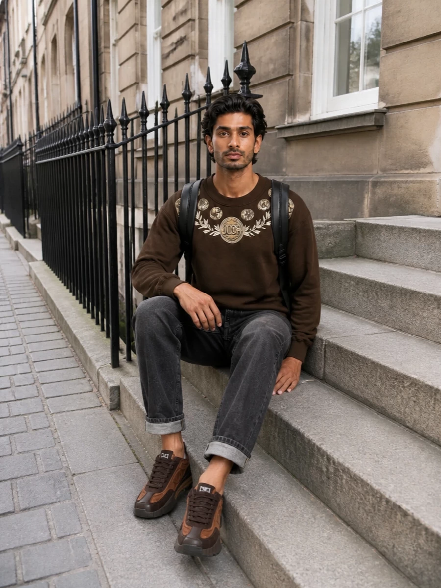 Dolce gabbana brown sneakers charcoal jeans outfit
