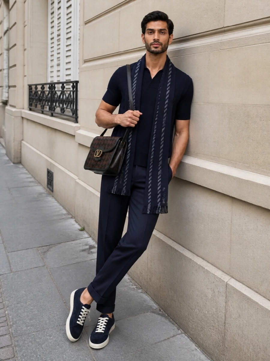 Balmain knit polo navy trousers prada sneakers