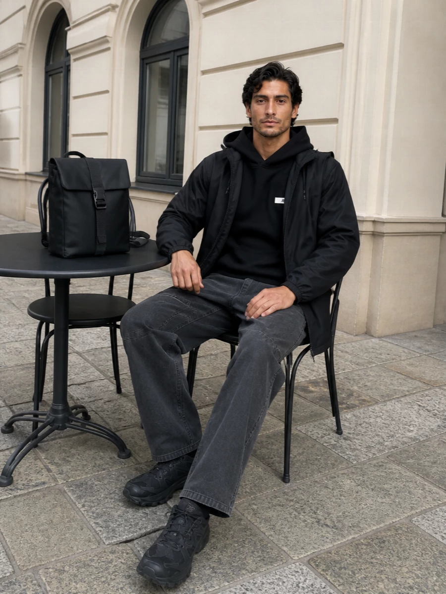 Rains coat jacquemus hoodie salomon sneakers