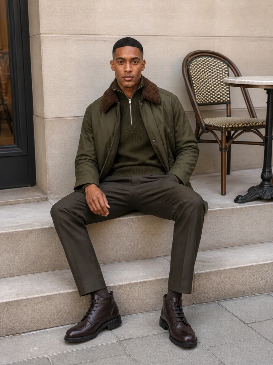 Olive and deep brown sit in the same quiet register here, turning a classic field coat into a sleek city uniform. A ribbed half-zip and tailored olive trousers keep the lines clean, while sturdy lace-up boots and a technical Fendi shoulder bag bring just enough utility for sharp winter days. It is calm, structured and quietly confident, ready for everything from studio visits to low-key dinners.