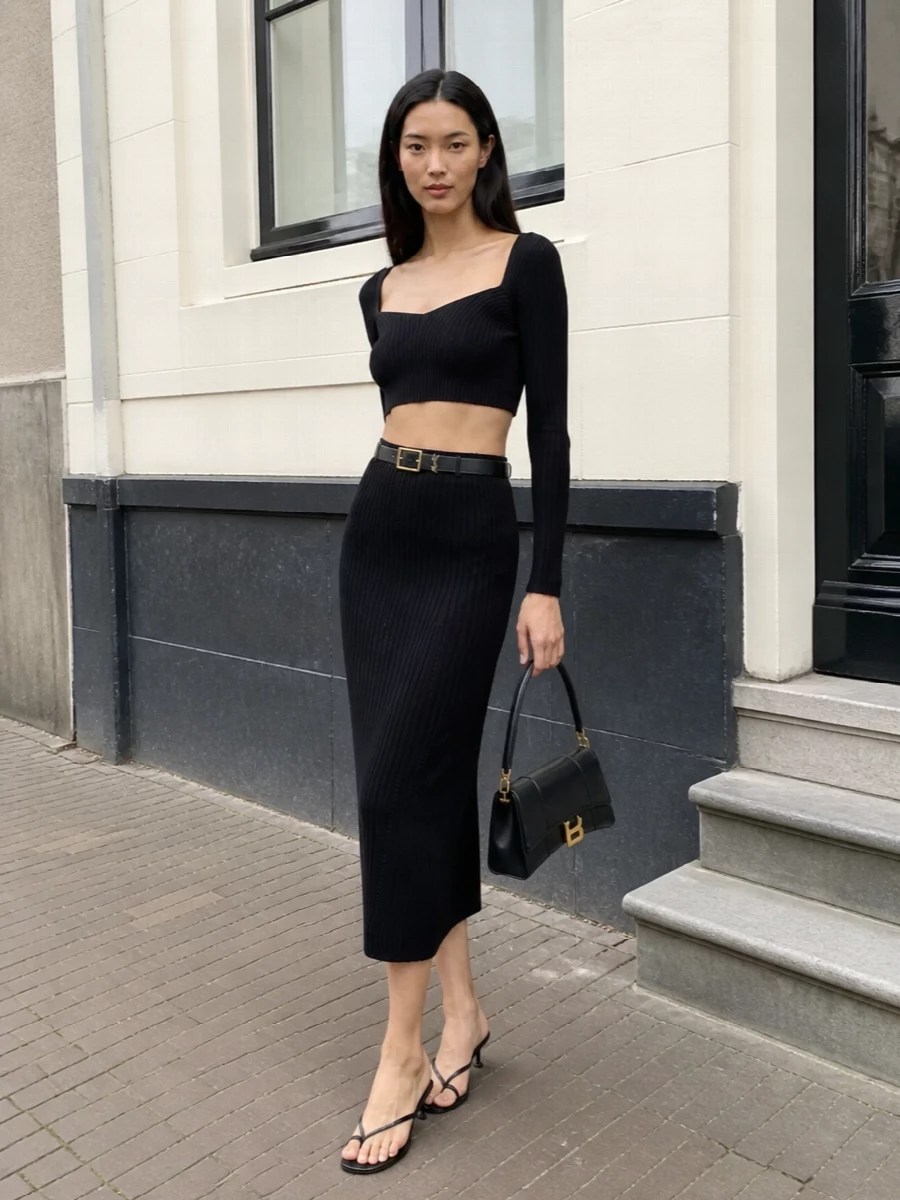 Black knit midi skirt outfit kitten heels baguette bag