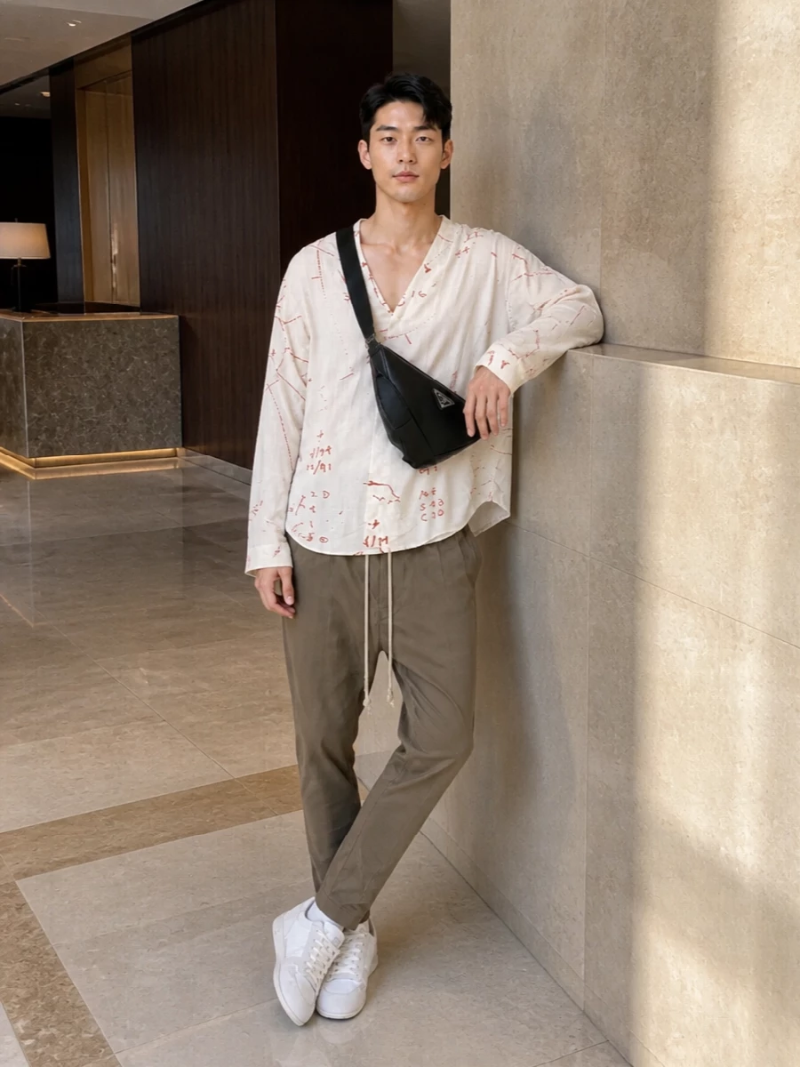 Rick owens printed shirt taupe drop crotch pants
