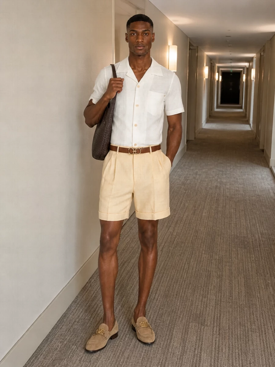 Italian summer pleated shorts camp collar shirt