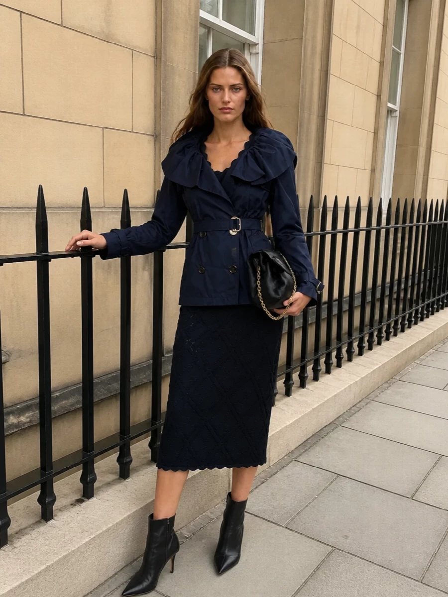 I chose the dress route to let the trench’s sculpted ruffle and belt play against a single, clean column rather than breaking the line with a separate top and skirt. The navy scalloped midi, sharp stiletto boots and soft black clutch create a monochrome, cocktail-ready ensemble where texture and cut carry the interest instead of print. It reads as quietly dramatic Burberry eveningwear that moves smoothly from gallery opening to late dinner.