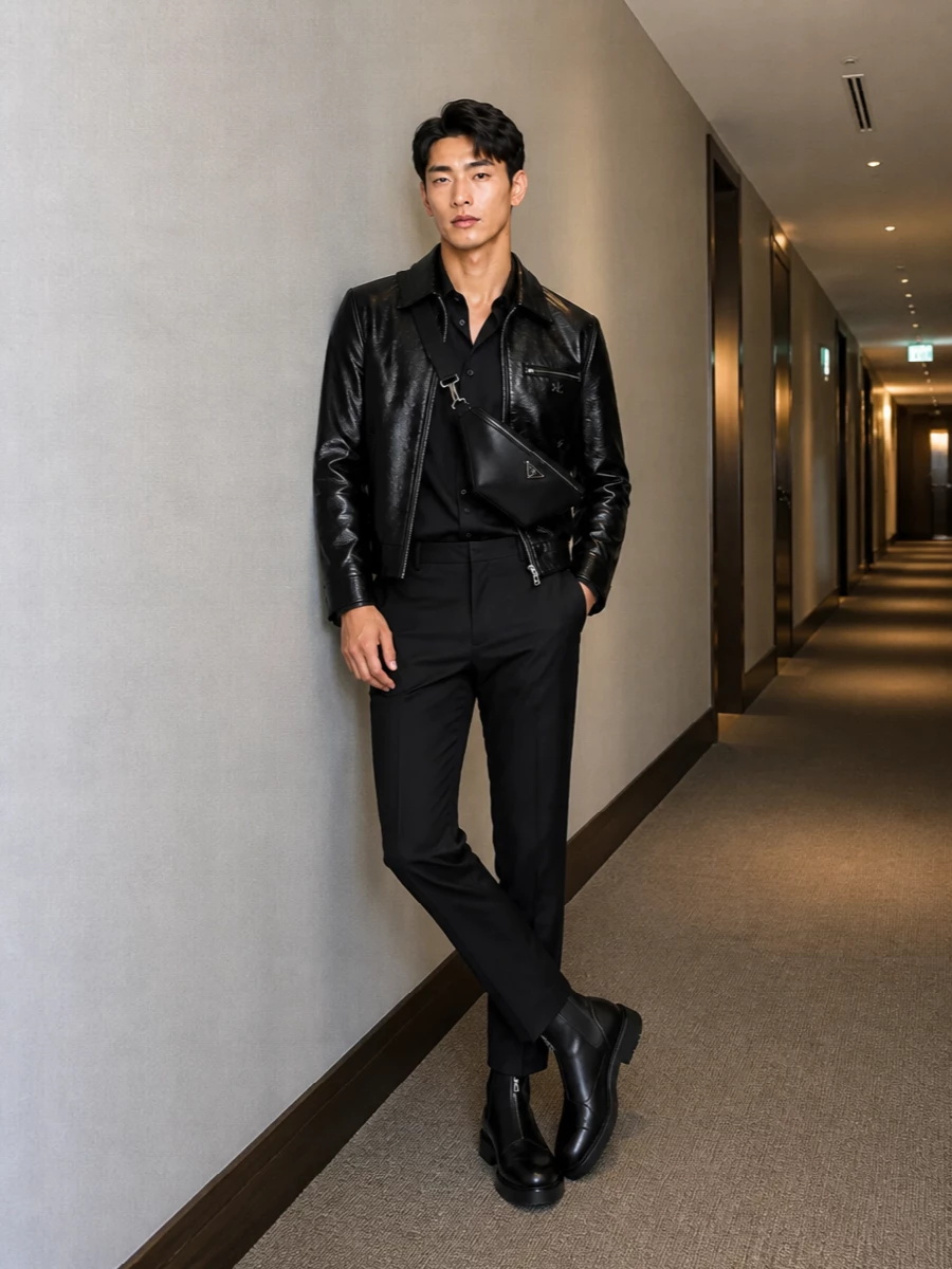 Courreges leather jacket prada trousers bottega boots