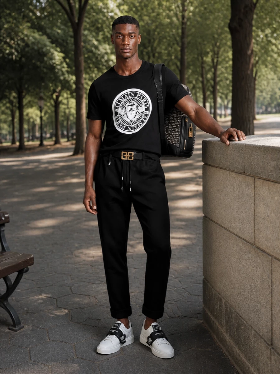 A graphic Balmain crest tee stays front and center against clean black joggers, all in a tight monochrome palette. White logo-strap sneakers echo the tee’s contrast, while a structured monogram backpack and sculptural belt bring polished street energy for city days and off-duty nights.