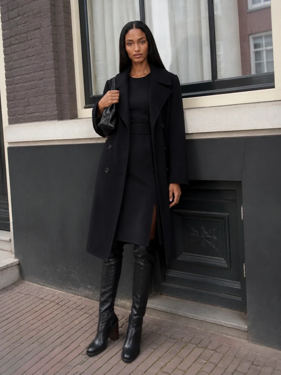 Dries van noten black coat sheath dress outfit