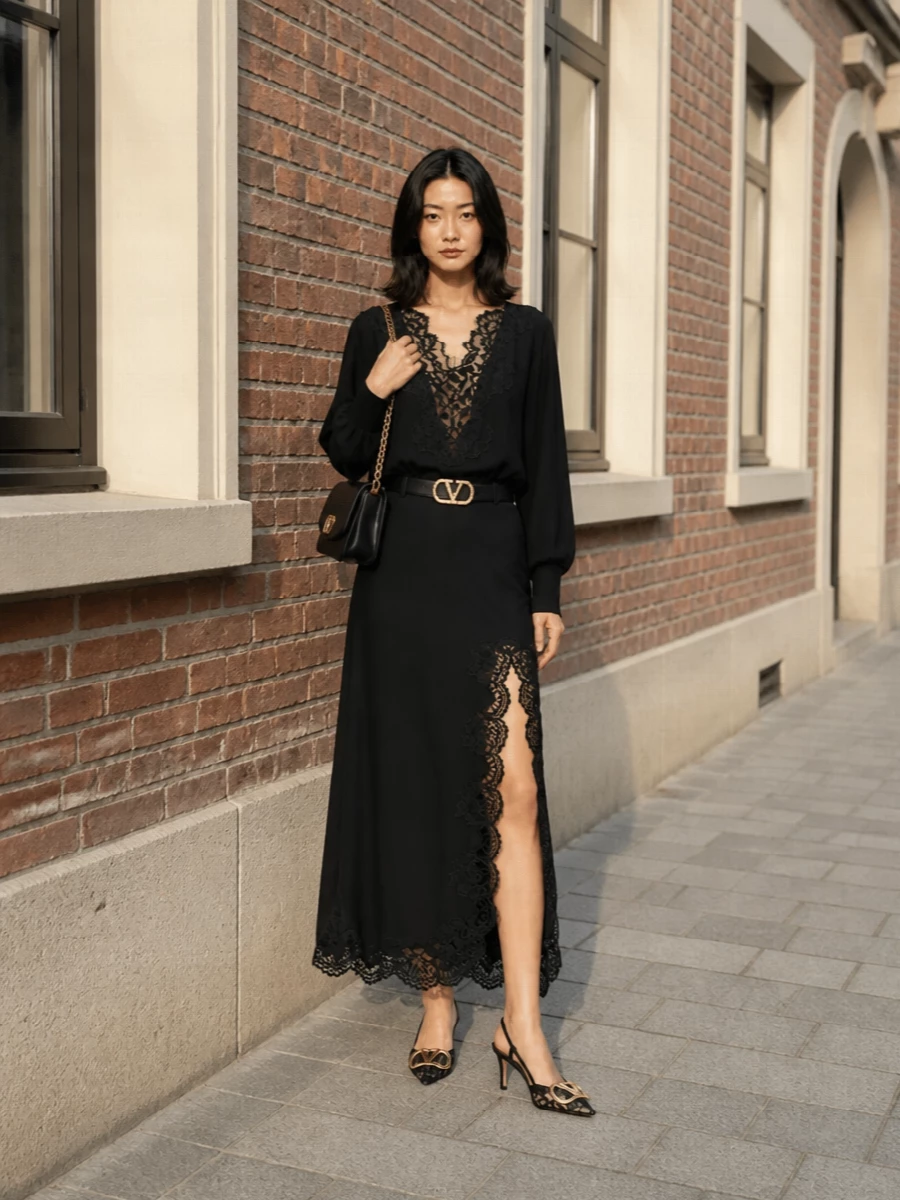 Valentino black lace top maxi skirt evening outfit
