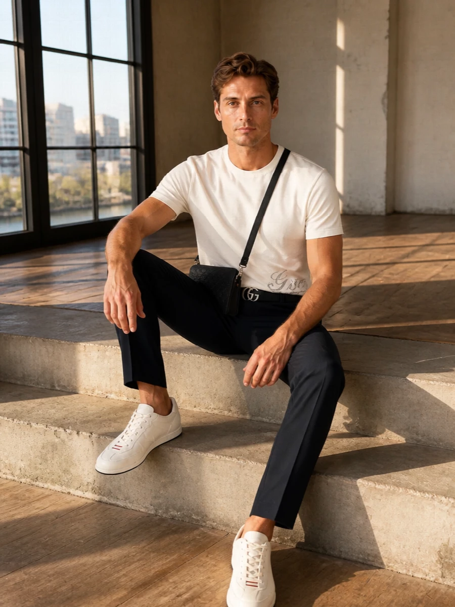 Gucci off white tee navy trousers sneakers