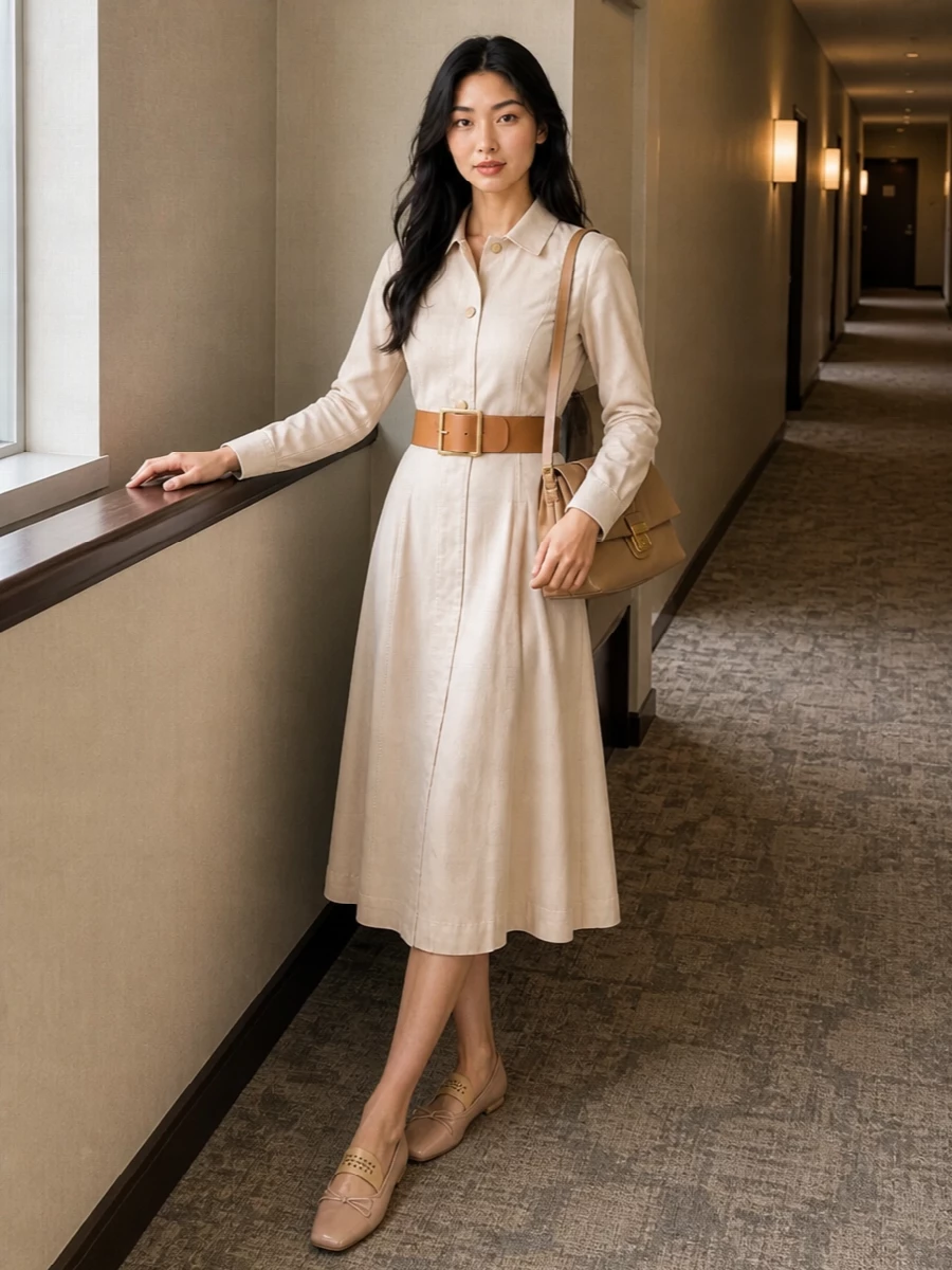 A collared beige midi is cinched with a clean tan waist belt, keeping the line long and tailored while softly marking the waist. Rose‑nude flats and a camel shoulder bag sit in the same warm neutral family, so the whole outfit reads composed and quiet rather than matchy. It is a poised desk‑to‑dinner combination that feels refined without ever looking stiff.