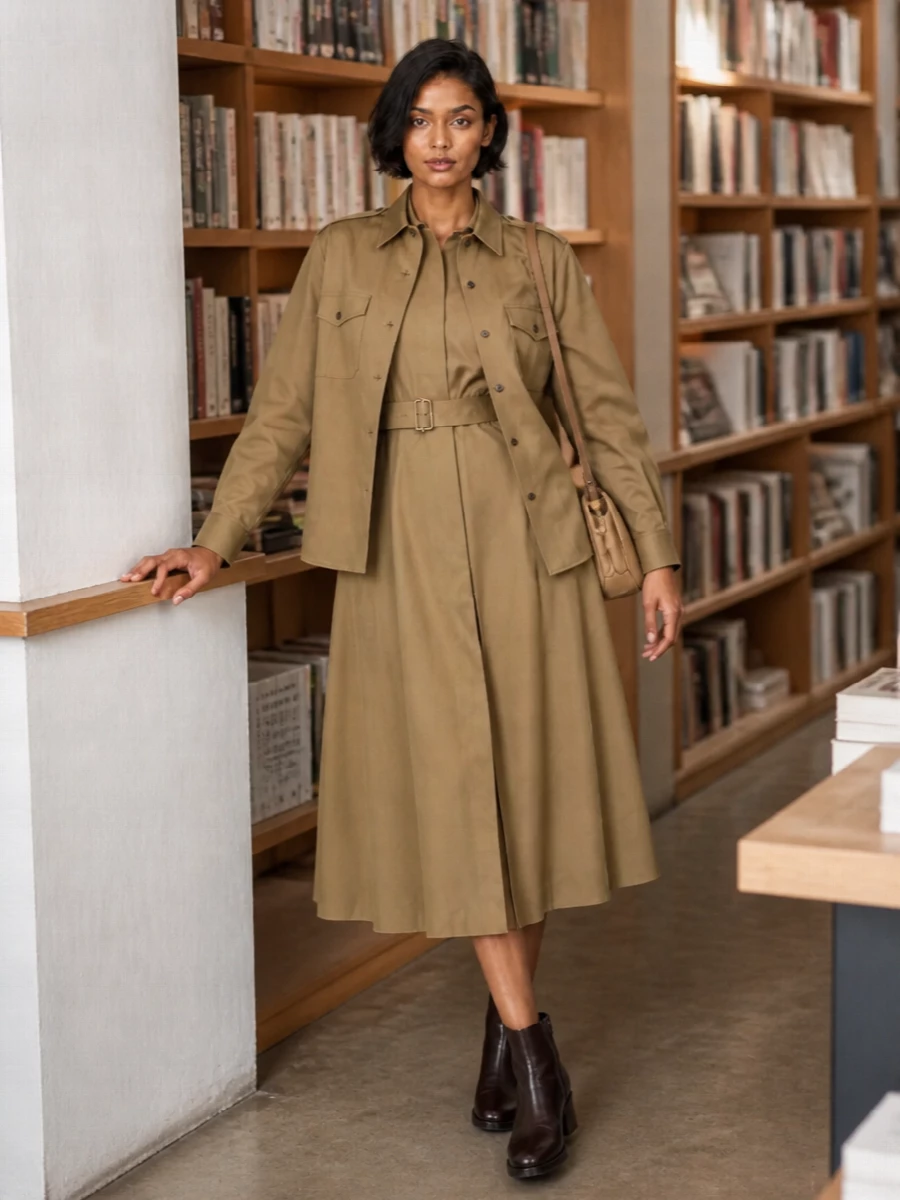 I chose the dress path, using the Burberry camel midi shirt dress as the anchor, because its trench detailing and belted A-line cut harmonize perfectly with the Prada military shirt jacket’s quiet, utilitarian tailoring. Paired with dark espresso ankle boots and a sculpted camel shoulder bag, the outfit reads as a precise, modern city uniform in warm neutrals that moves easily from daytime meetings to understated dinners. The proportions stay long and clean, with the midi length and low heel elongating the silhouette while the structured bag keeps the mood firmly polished rather than casual.