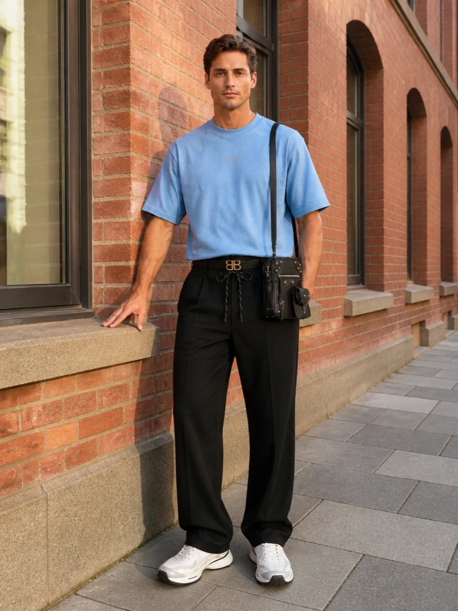 Balenciaga blue tee black trousers white sneakers