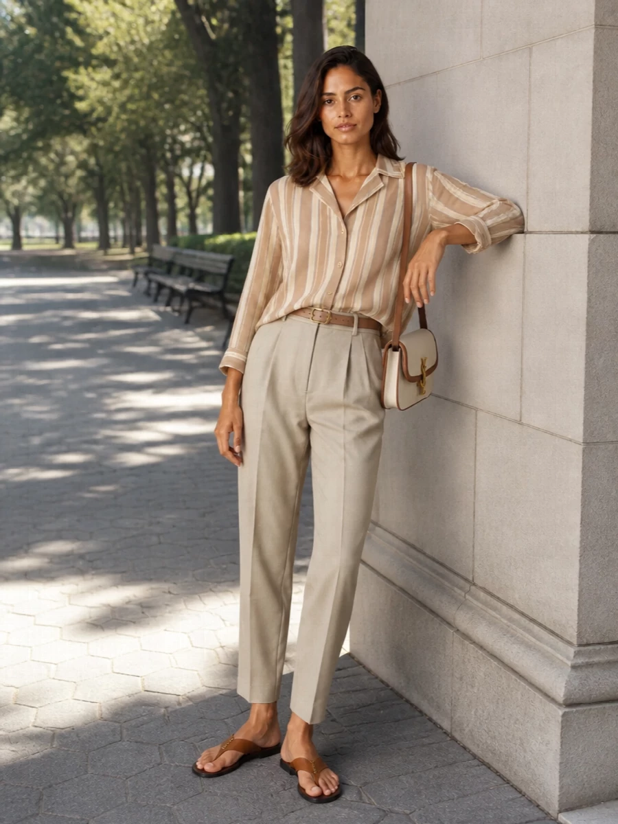 Saint laurent striped shirt beige pleated trousers
