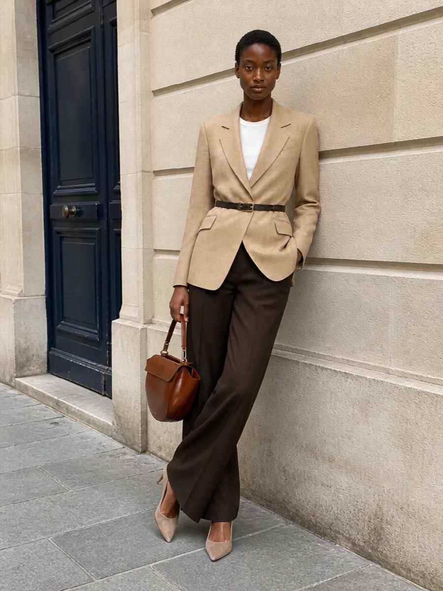 High-rise chocolate wide-leg trousers are paired with a sand Max Mara blazer for a softly tonal take on power tailoring that feels light yet impeccably sharp for spring–summer. Taupe-beige slingback stilettos lengthen the silhouette, while a sculptural cognac top-handle bag and a slim black belt finish the look with quiet, boardroom-to-dinner sophistication. The result is an elongated, neutral column that reads modern, minimal and assuredly luxurious without ever feeling overdone.