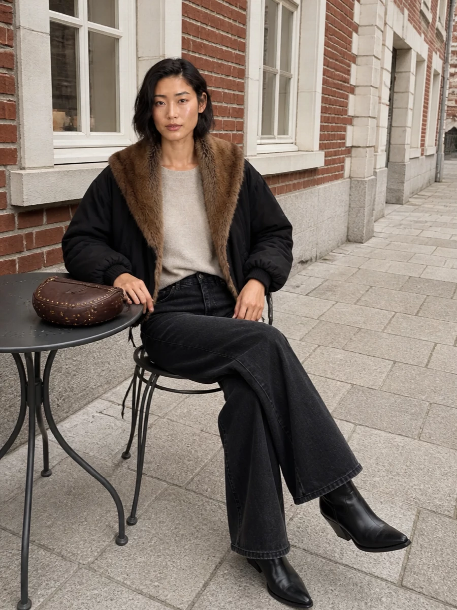 Isabel marant faux fur jacket wide leg jeans