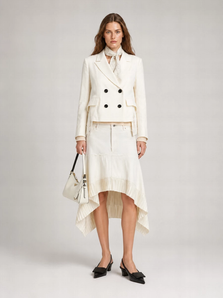 Sacai Paneled Asymmetric Pleated Midi Denim Skirt