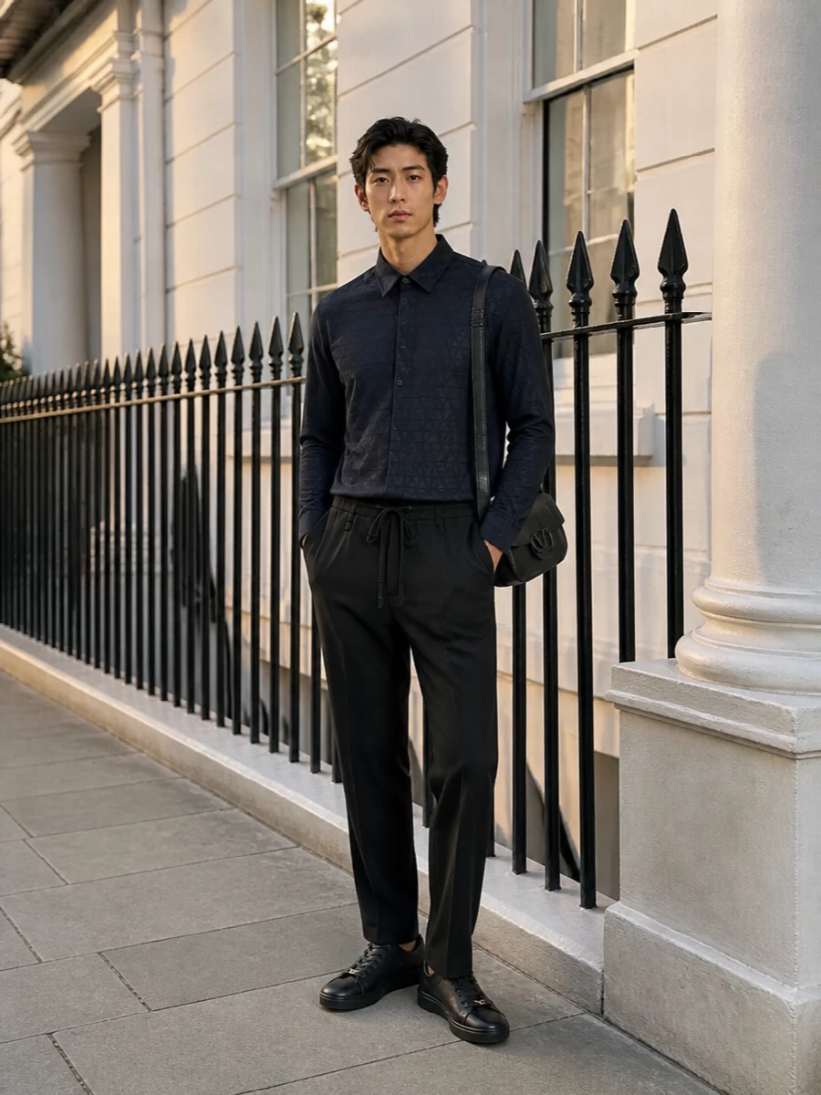 Valentino drawstring trousers navy jacquard shirt
