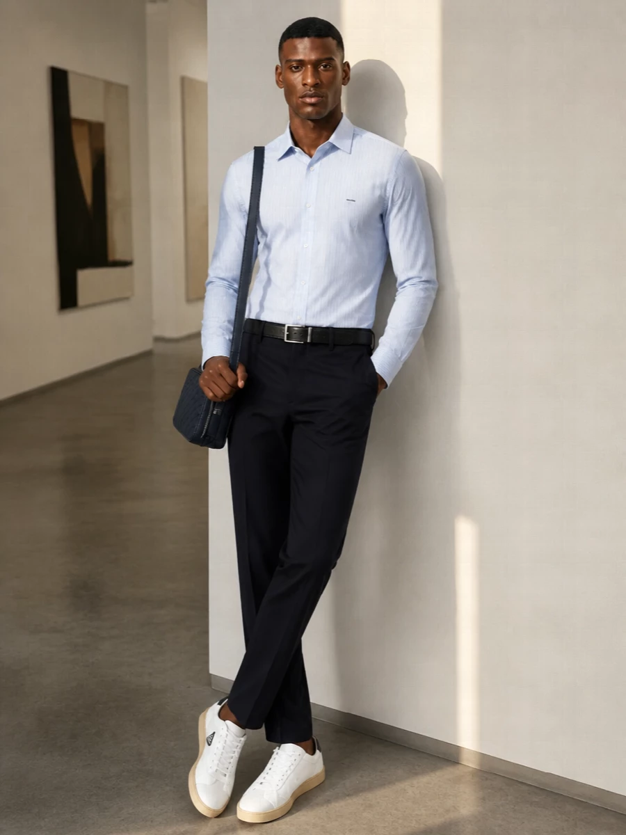 Prada striped shirt navy trousers outfit