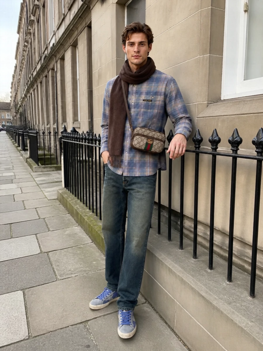 Golden goose plaid shirt dark jeans gucci bag