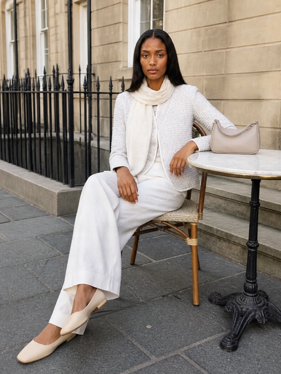 Emporio armani tweed jacket white wide leg trousers