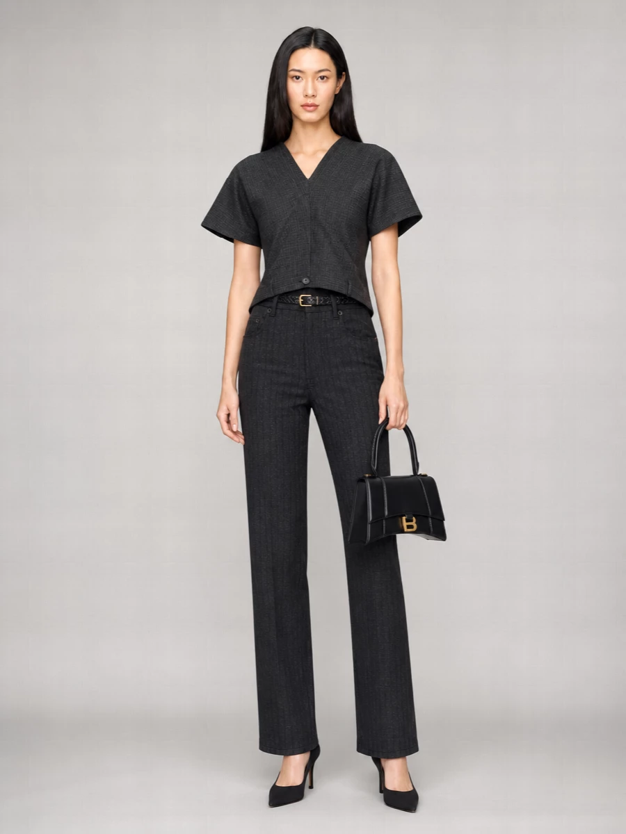 Balenciaga Wool Checked V-Neck Short-Sleeve Asymmetric Top