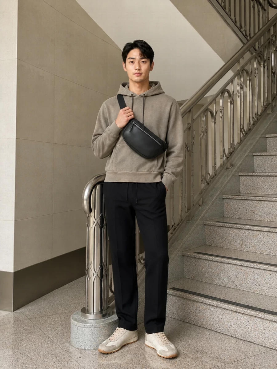 Maison margiela hoodie black trousers taupe sneakers