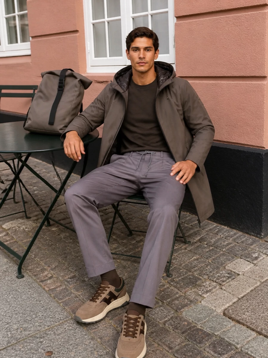Herno parka taupe trousers hogan sneakers