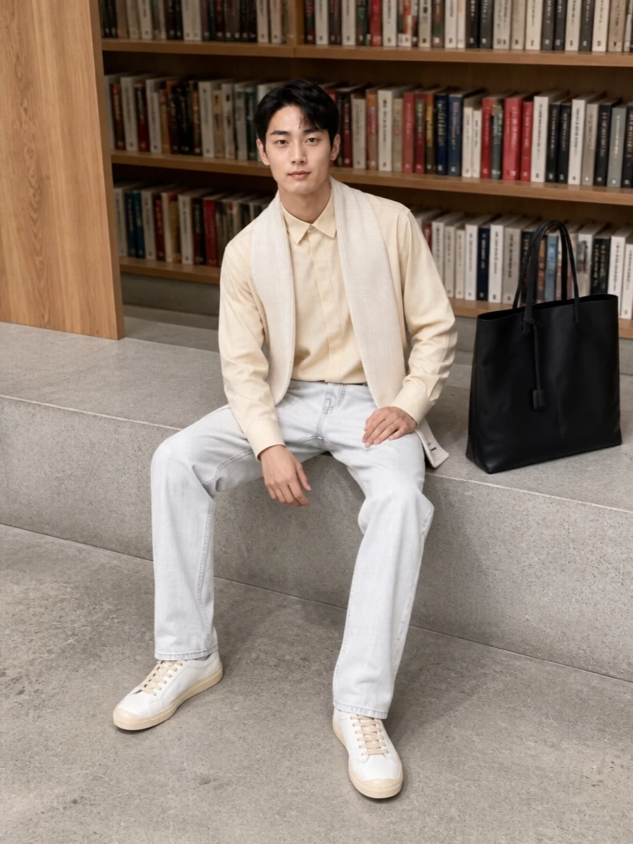 Jil sander jeans buttercream shirt white sneakers