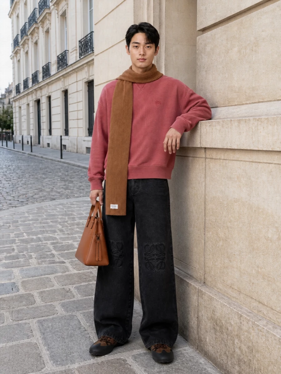 Loewe sweatshirt wide leg jeans suede sneakers