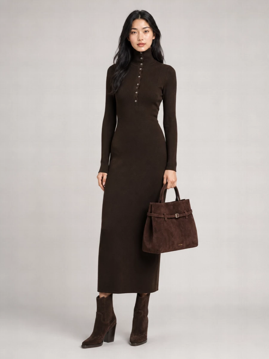 This styling leans into a tonal chocolate story built around the ribbed Tom Ford knit dress, letting the boots’ Western edge read as intentional rather than costume. The long, body-tracing column of the dress works with the block-heel ankle boot to elongate the leg and keep the mood tailored but quietly sensual. A structured suede top-handle bag in the same deep brown family finishes the outfit with just enough formality for client lunches, gallery evenings, or understated dinners.