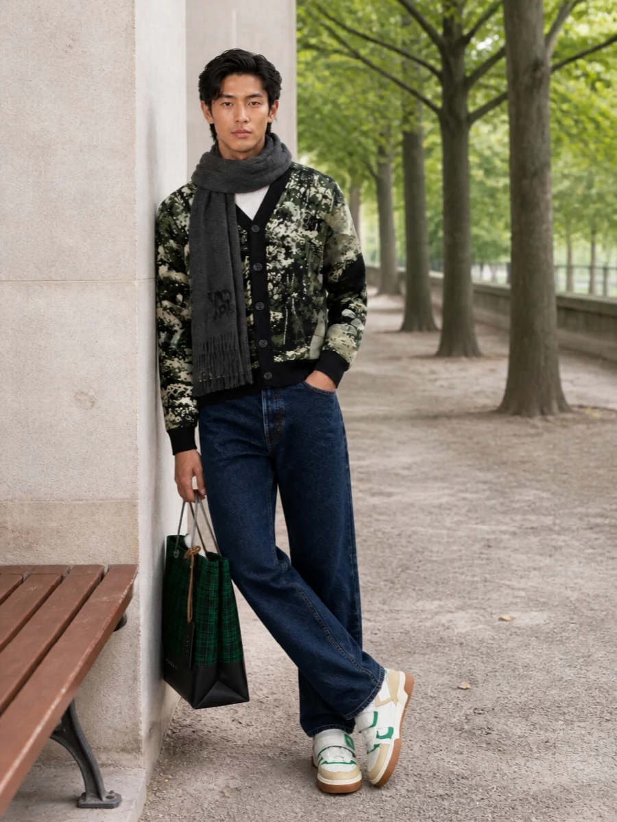 Kenzo forest cardigan dark jeans sneakers outfit
