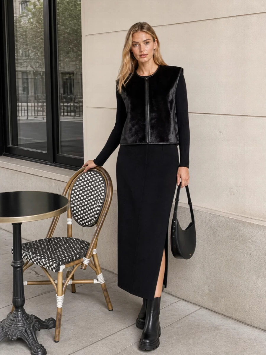 Loulou studio faux fur vest black knit dress