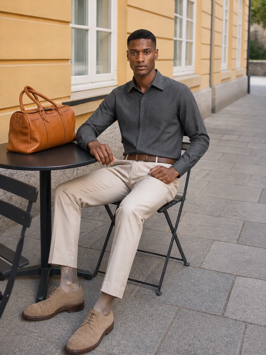 Brunello cucinelli beige trousers charcoal shirt