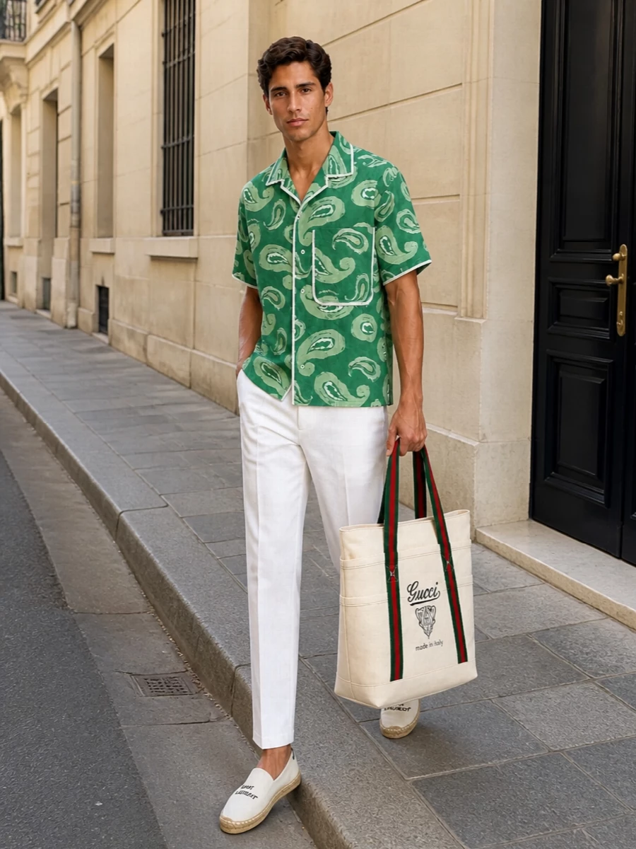 Gucci tote green camp shirt white trousers