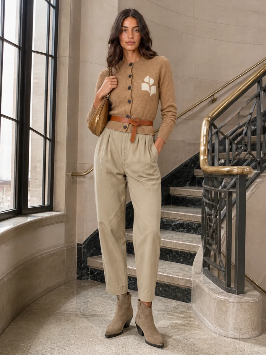 Isabel marant camel cardigan tapered trousers outfit