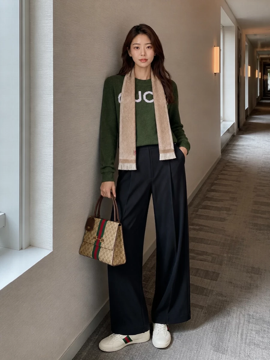 Gucci green logo sweater navy trousers outfit