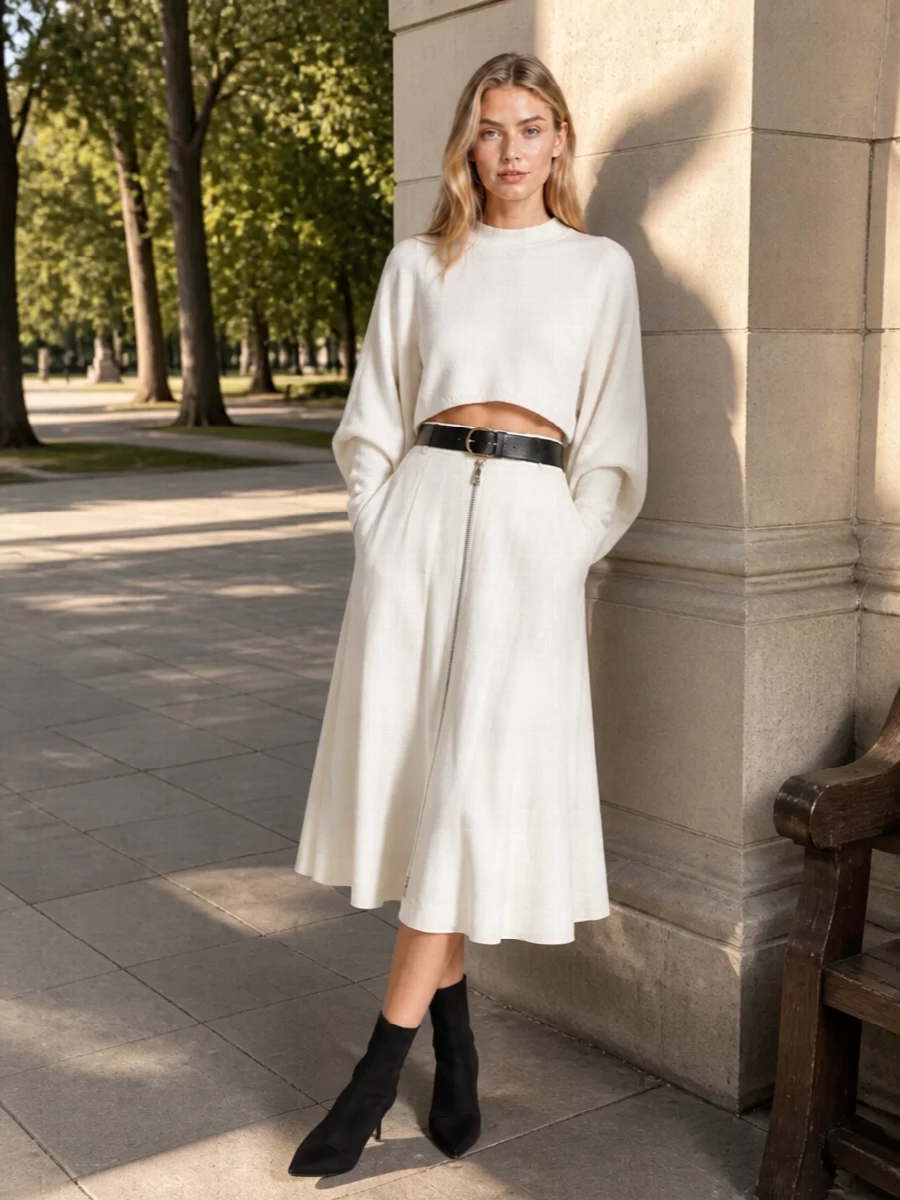 Alaia ivory knit prada pleated midi outfit