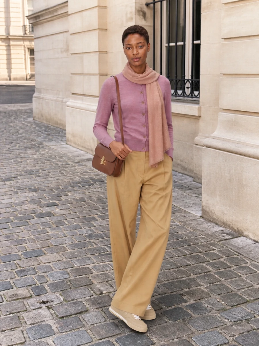 Apc cardigan camel trousers chloe sneakers