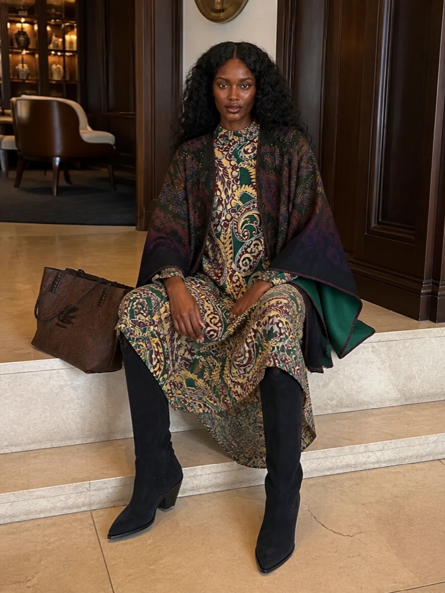 Etro paisley poncho emerald dress boots