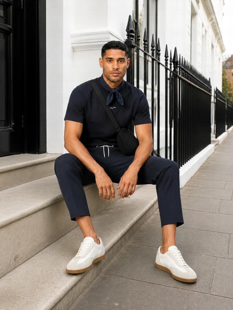 Navy on navy keeps this outfit precise but relaxed, with the cropped drawstring trouser and boxy tee reading as one clean line. Off-white retro trainers break the set just enough, softening the palette while keeping it modern and low-key. A sculptural black crossbody and optional navy scarf introduce texture and movement without disturbing the easy, creative-city energy.