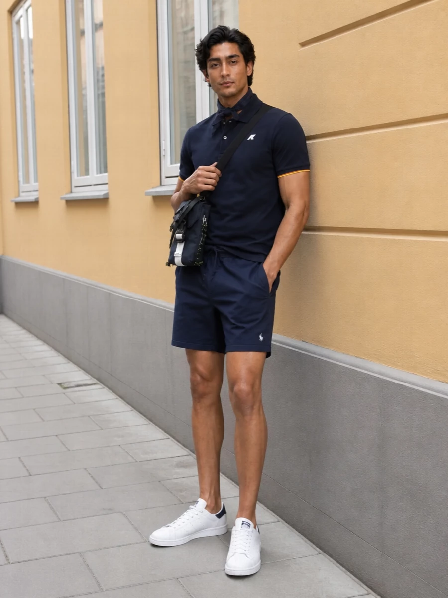 A navy K-way polo sits over equally clean Polo deck shorts for a sport-preppy uniform that feels relaxed but still considered. White court sneakers sharpen the navy story and keep the lines crisp, while a compact technical crossbody and slim navy scarf add just enough utility and texture without disturbing the minimal mood. The result is an easy warm-weather outfit you can wear from coffee run to casual terrace drinks without changing a thing.