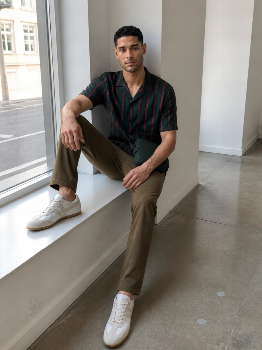 Dries Van Noten’s striped camp shirt sits loosely over clean olive-brown trousers, giving an easy, tailored streetwear attitude in a grounded earth palette. Slim off white trainers and a compact deep-green crossbody keep the lines sharp and practical, with just enough contrast to feel modern rather than matchy. The result is relaxed but intelligent, ideal for warm city days when you want ease without losing structure.