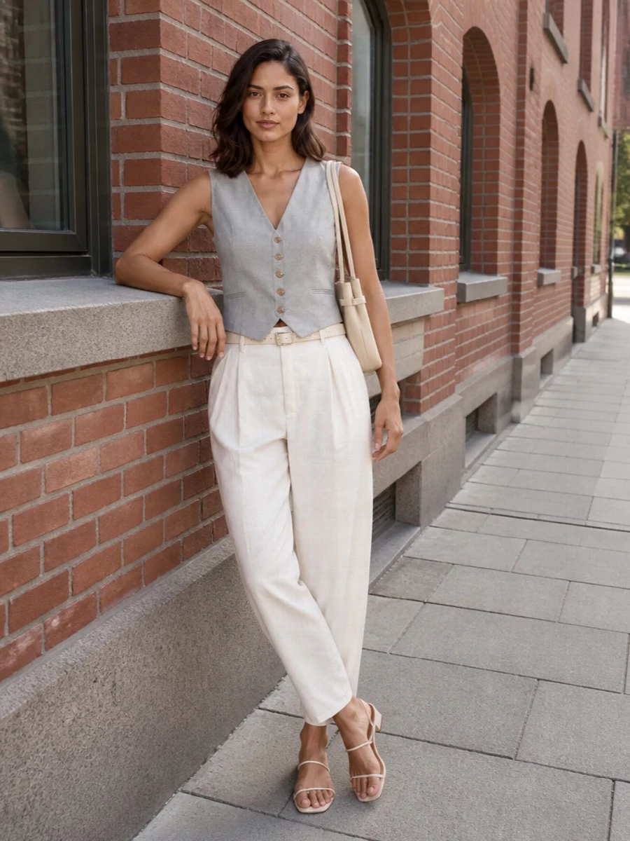 Alysi grey vest off white tailored trousers outfit