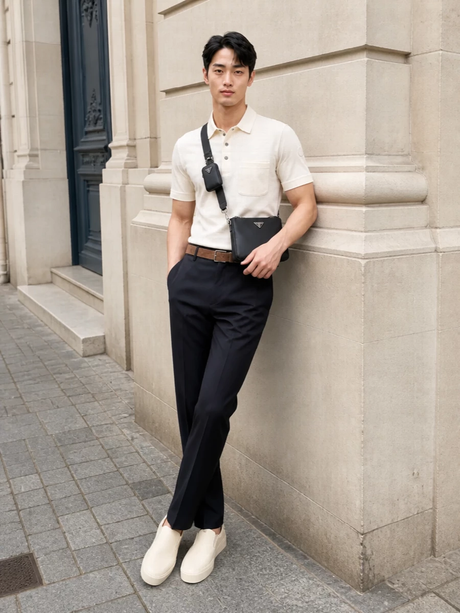 An off‑white Moncler polo is grounded with deep‑navy straight‑leg trousers for a clean, quietly luxurious take on smart casual. Cream slip‑on sneakers keep the lines relaxed yet polished, while a camel suede belt and black Prada crossbody introduce just enough structure and contrast for an elevated city‑ready SS look.