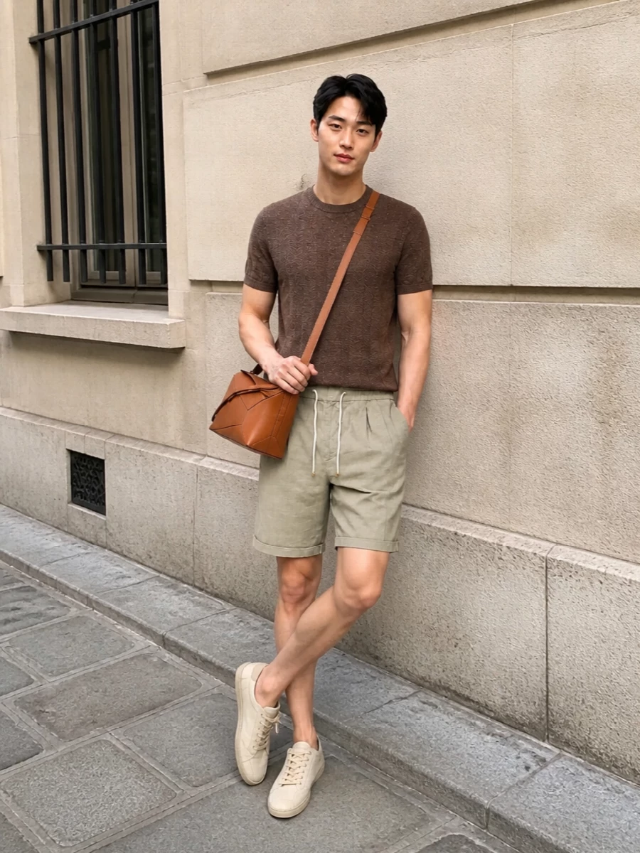 This look pairs the mottled cocoa Brunello Cucinelli knit with softly pleated stone-beige drawstring shorts for an effortless, refined take on summer ease. Sand suede sneakers keep the palette light and tonal, while the tan Loewe shoulder bag introduces a sculptural touch that still feels understated and luxurious. The result is relaxed yet impeccably edited, ideal for terrace lunches or polished off-duty days.