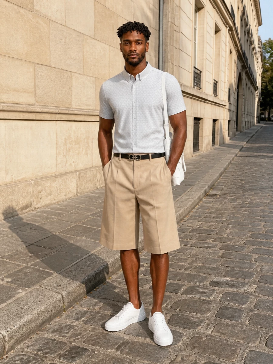 Givenchy geometric shirt sand bermuda outfit