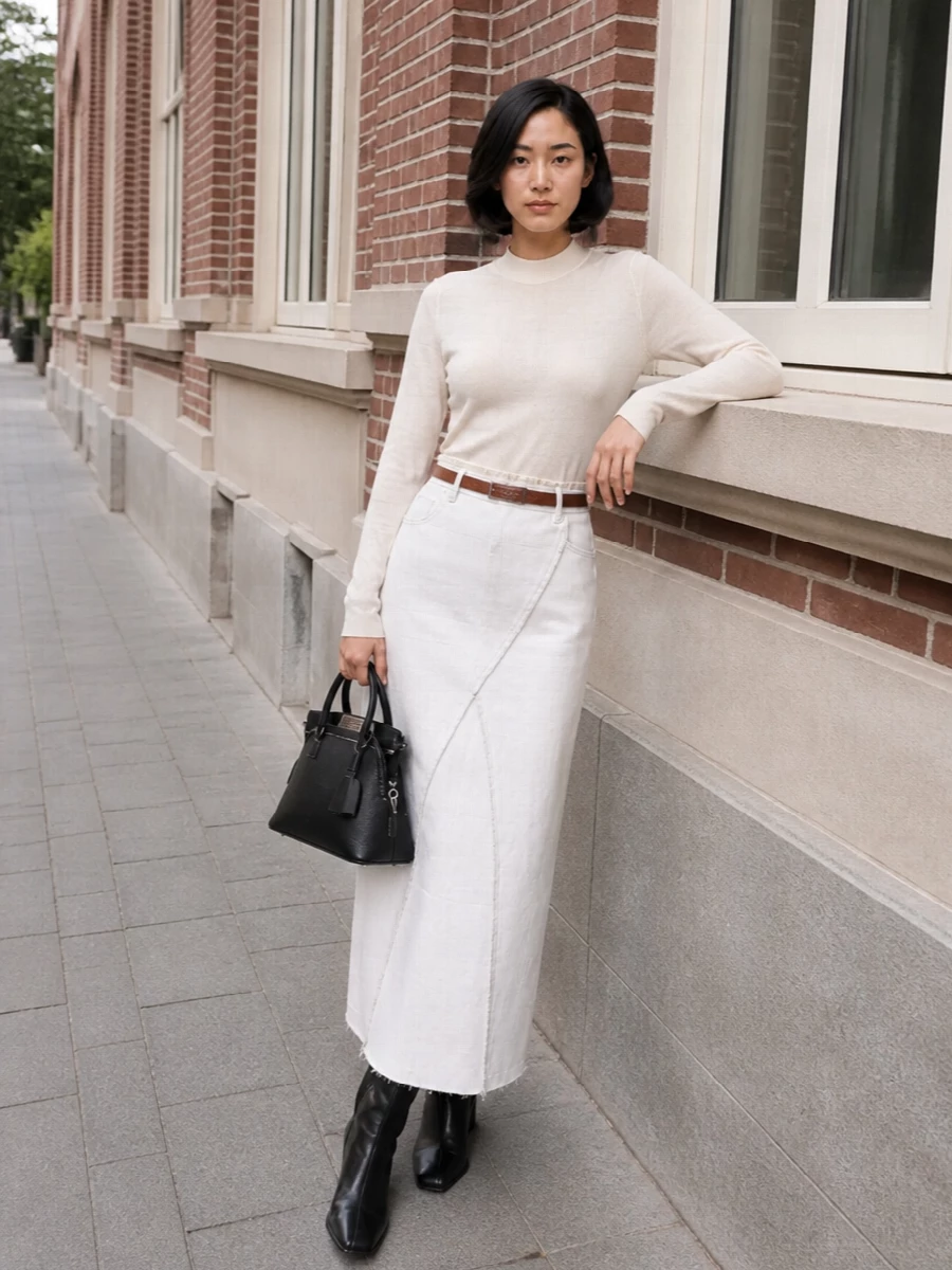 Maison margiela denim maxi skirt outfit boots
