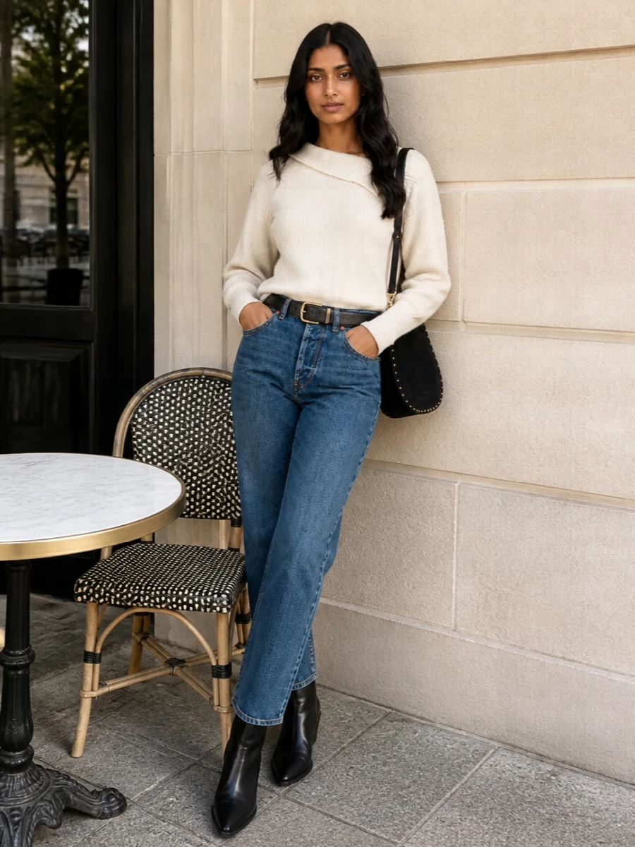 Mid-indigo straight denim meets a softly asymmetric ecru knit for a quietly confident, Parisian-feeling uniform. Black western ankle boots and a studded suede shoulder bag ground the palette, while a slim black belt subtly defines the waist without breaking the relaxed line.